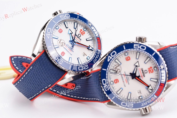 New Omega Seamaster Planet Ocean 600m White Red Blue Ceramic Bezel America's Cup Edition Replica Watches (10)