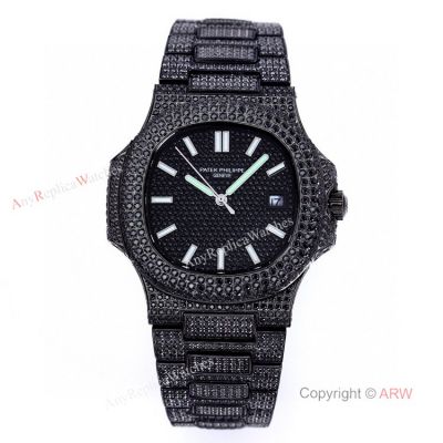 High Quality Replica Iced Out Patek Philippe Nautilus Black Diamonds Automatic Watches 40mm (1)
