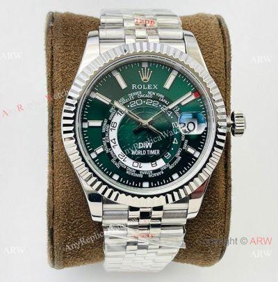 VRF Swiss 9001 Rolex DiW Sky-Dweller World Timer 42 Watch Olive Green Dial New Jubilee Strap AAA Replica