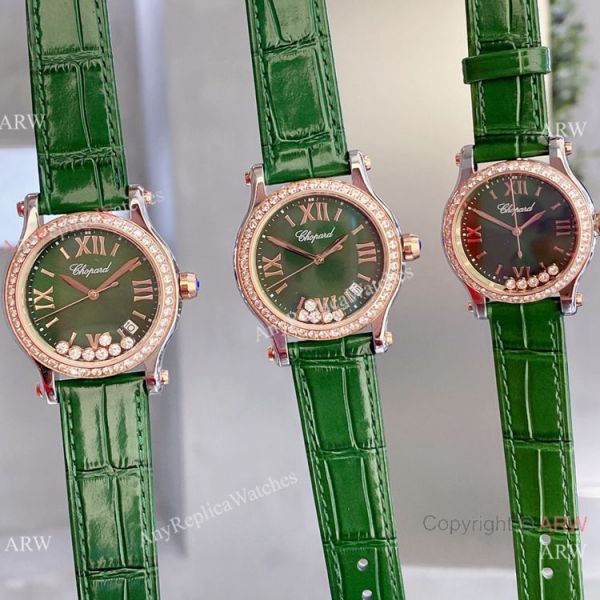 Copy Chopard Happy Sport Quartz Watch Rose Gold Olive Green Face (3)