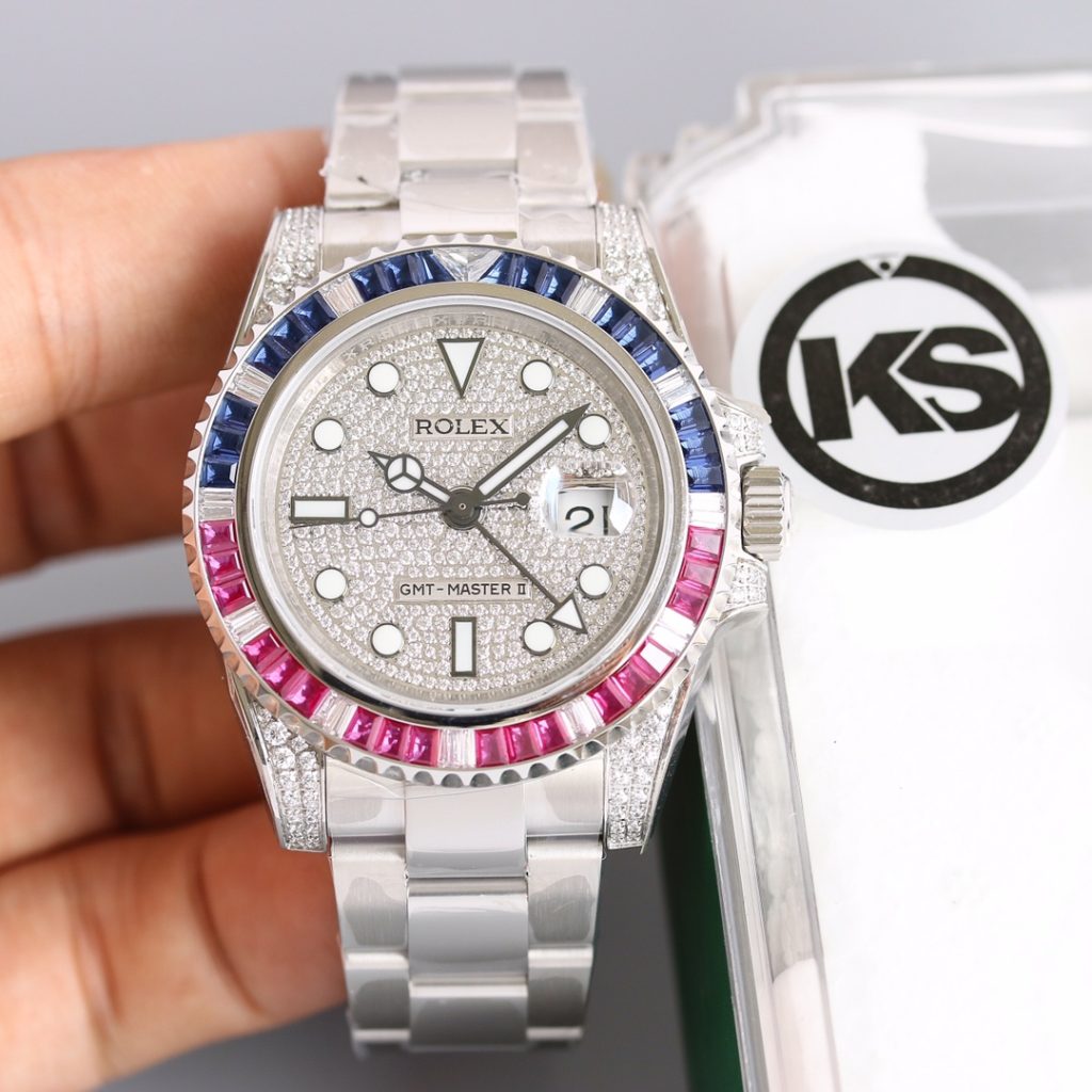 Swiss replica Rolex GMT Master II Rainbow Diamond Bezel Diamond dial Watch