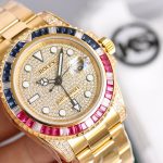 Swiss replica Rolex GMT Master II Rainbow Diamond Bezel Diamond dial All Gold Watch
