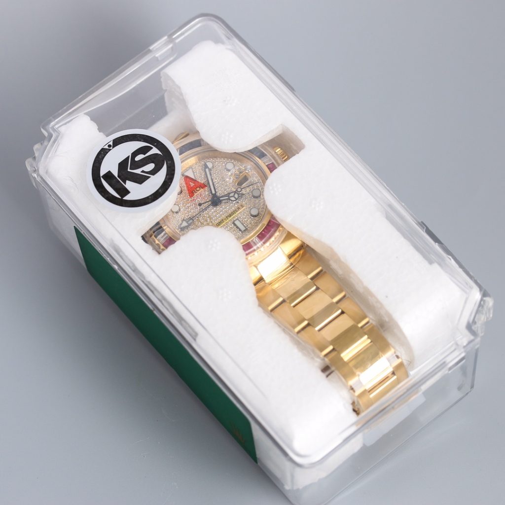 Swiss replica Rolex GMT Master II Rainbow Diamond Bezel Diamond dial All Gold Watch